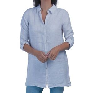 Tahari Essentials 100% Linen TunicTop Light Blue
